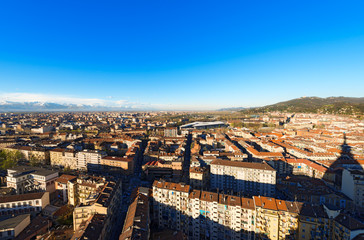 Fototapeta na wymiar Aerial view of Turin - Piedmont Italy / Panorama from the Mole Antonelliana of the city of Turin (Torino) Piemonte, Italy