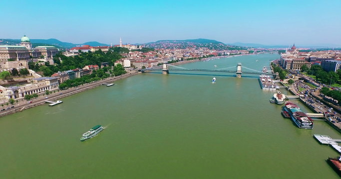 Hungary. Budapest bird eye view. Flying over Danube river. Buda and Pest aerial view moving forward camera to Chain Bridge. Travel tourism Landmark panoramic view.