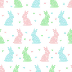 Seamless Easter pattern with cute bunny and heart. Pastel colors vector background. - 89718379
