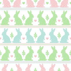 Cute Easter Pattern with Easter Bunny, plant and hearts on white background. Pastel colors Seamless Spring Holiday Background. Cute Easter Illustration.