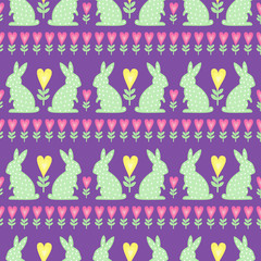 Cute Easter Pattern with Easter Bunny and flowers. Colorful Seamless Spring Holiday Background. Cute Easter Illustration.