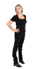 Beautiful woman doing different expressions in different sets of clothes: full length