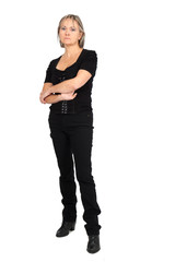 Beautiful woman doing different expressions in different sets of clothes: full length arms crossed