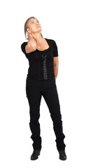 Beautiful woman doing different expressions in different sets of clothes: full length