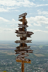 Pointers distances to different cities and tourist atop Mount Ma