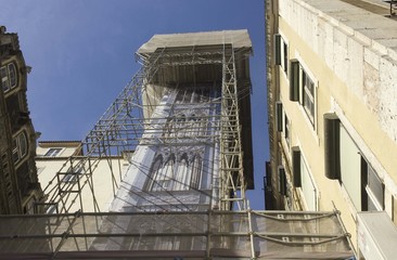 View from the bottom of the famous Santa Justa elevator in Lisbon, during its renovation works