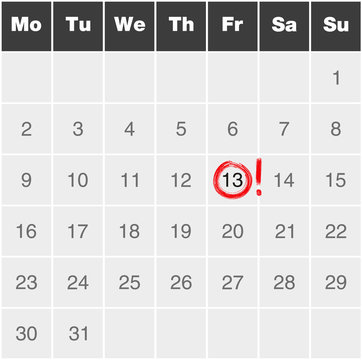 Month calendar monday to sunday with red marked Friday 13th