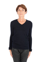 Fototapeta premium Beautiful woman doing different expressions in different sets of clothes: at attention