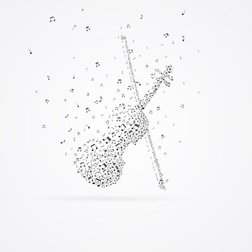 Violin with fiddlestick from floating notes isolated on white