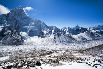 Nuptse mount and Khumbu Glacier in Sagarmatha National Park, Nepal Himalaya