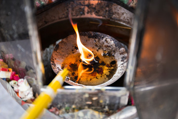 Fire in temple prepare for light candle and incense
