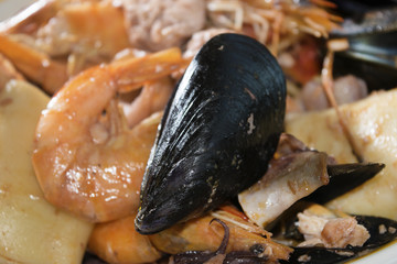 mussel and prawn in a dish of pasta