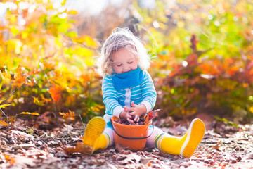 Little girl picking acorns in autumn park