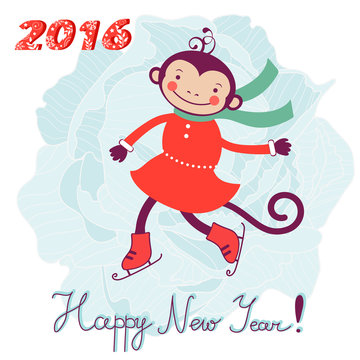Cute card with cute funny monkey character - symbol of new 2016