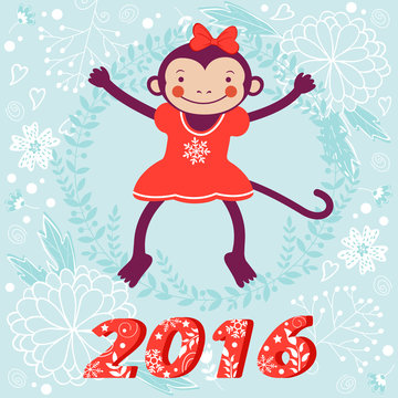 Cute card with cute funny monkey character - symbol of new 2016