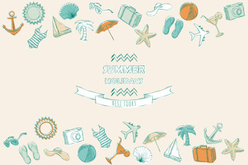 Set of beach icons. Vector illustration in sketch style. Frame for text. Collection of images of recreation and tourism at sea.