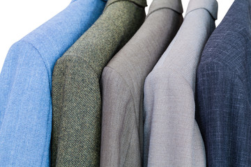 set of finished jackets on hangers in close up