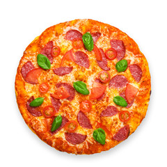 Delicious pizza with salami and cherry tomatoes