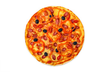 Delicious pizza with sausages, peppers and olives