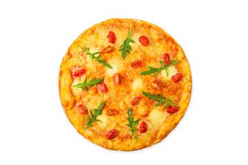 Delicious pizza with cherry tomatoes, mozzarella and fresh arugu