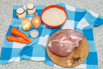 pilaf ingredients laid out on the kitchen table