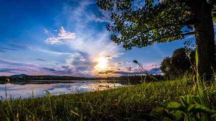 Lake sunset with tree in the foreground