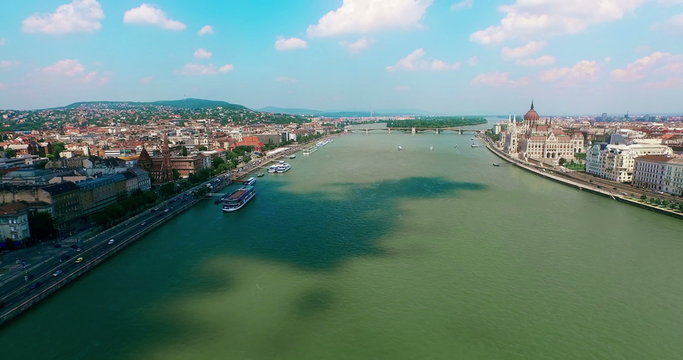 Hungary. Budapest bird eye view. Flying over Danube river. Buda and Pest aerial view moving forward camera. Travel tourism Landmark panoramic view.