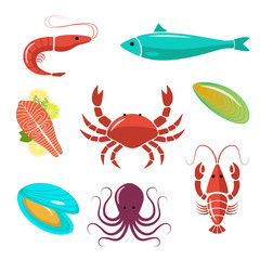 Seafood flat kit. Fish, shrimp, crab, mussels, oyster. 
