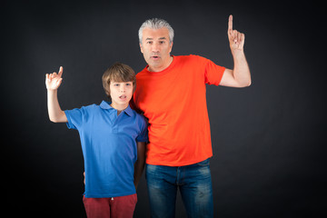 Handsome family doing different expressions in different sets of clothes: want to speak