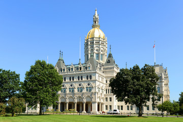Connecticut State Capitol, Hartford, Connecticut, USA. This building was designed by Richard Upjohn with Victorian Gothic Revival style in 1872.