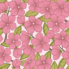 Seamless background with beautiful flowering tree branches, in beautiful pastel colors and graphic style sketch