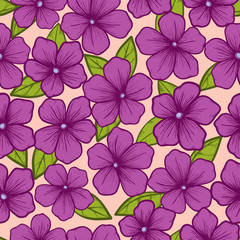 Beautiful seamless background with flowers and leaves, painted in graphic style contour lines and strokes