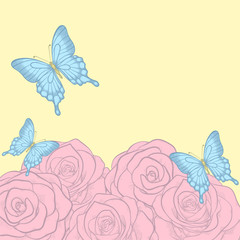 Fototapeta na wymiar beautiful background for greeting cards and text with butterflies and roses retro pastel colors