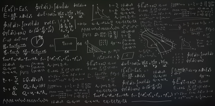 Handwritten formulas and equations on black background