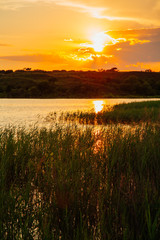 Fototapeta na wymiar Sunset over serene lake 