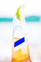 bottle of beer with lime slices