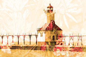 Double exposure St. Joseph north pier lighthouse along shoreline of Lake Michigan with flower background 