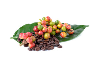 coffee beans and ripe coffee isolated on white background.