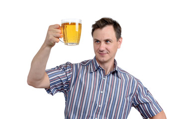 Man with a glass of beer isolated on white background
