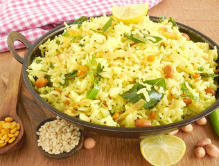 Chitranna or Indian lemon rice, a popular south Indian breakfast.