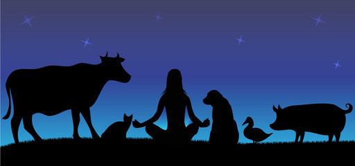 Silhouettes of woman with many animals in night