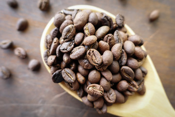Coffee beans on wooden spoon