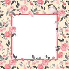 Watercolor floral background with a cut bird. Template with place for text 1