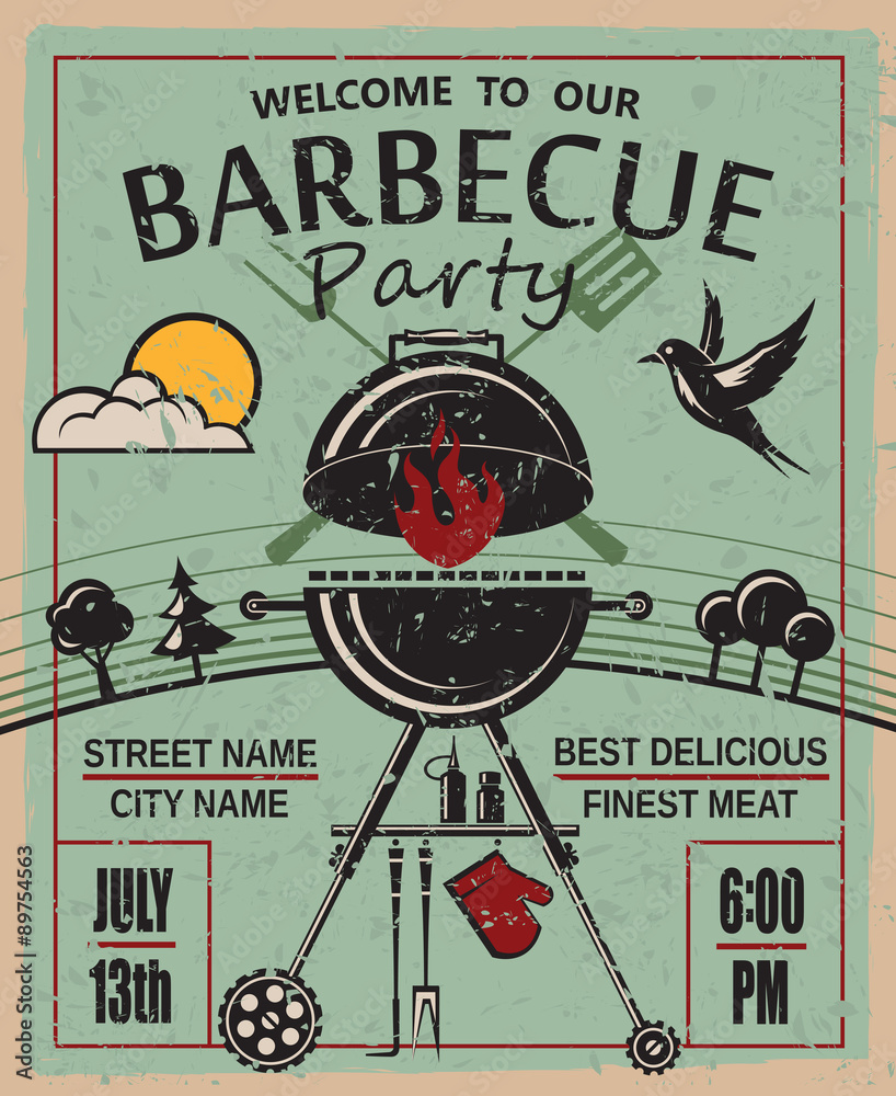 Wall mural design of invitation card on barbecue party