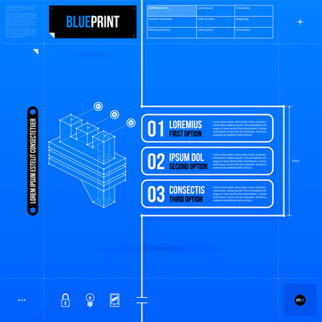 Vector layout with three numbered options and abstract isometric object in blueprint style. EPS10