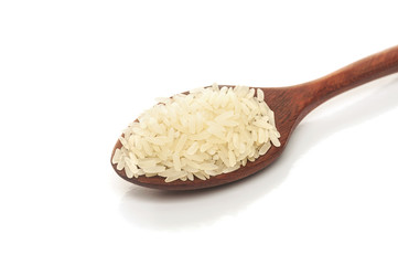 Rice,White rice in wooden spoon isolated
