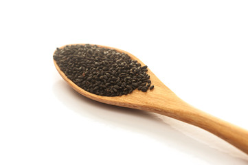 Heap of black Sesame in wooden spoon