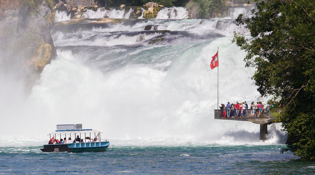 RHEINFALLS, SWITZERLAND - JULY 25, 2015: View to the biggest wat