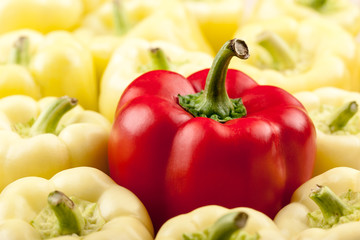 Red and green peppers on wooden table
