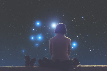 Girl watching the stars. Stars are digital illustration.